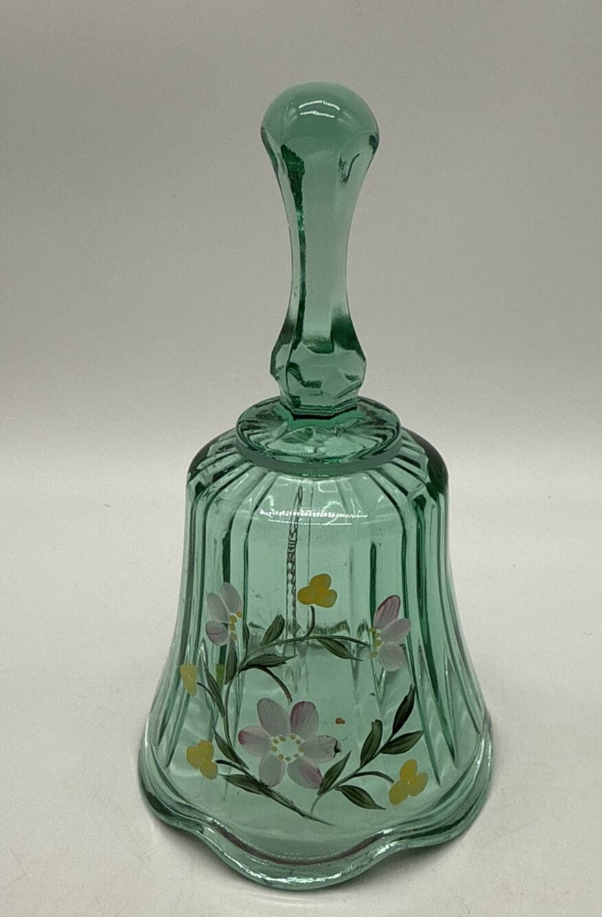 Vtg Fenton Hand Painted & Signed Teal Bell 6 1/4" Signed C Smith